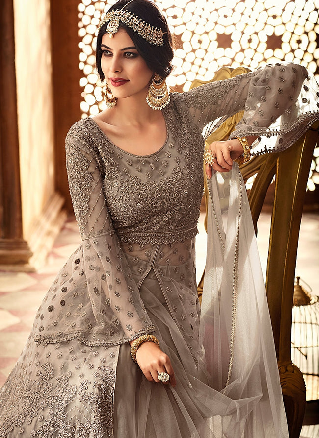 Grey Net And Satin Embroidered Lehenga Kurti Set