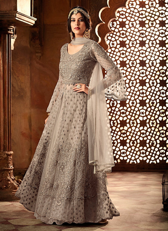 Grey Net And Satin Embroidered Lehenga Kurti Set