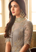 Grey Overall Net Embroidered Anarkali Suit