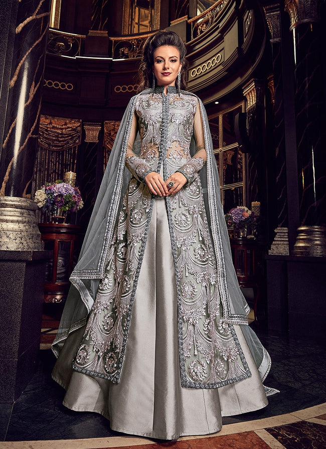 Greyish Silver Ethnic Embroidered Designer Lehenga Kurti Set Hatkay