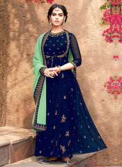 Indian Clothes - Blue Embroidered Koti Style Anarkali Suit