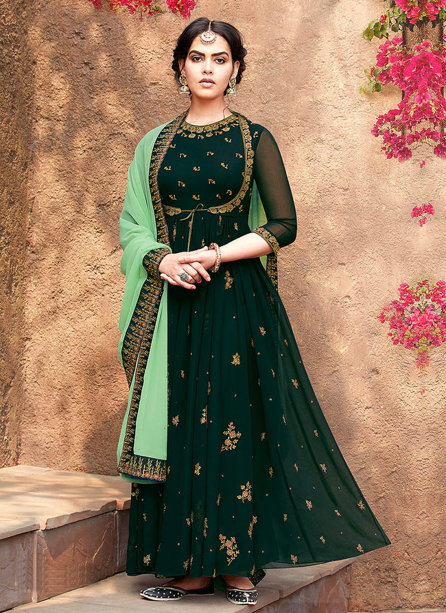 Indian Clothes - Green Embroidered Koti Style Anarkali Suit
