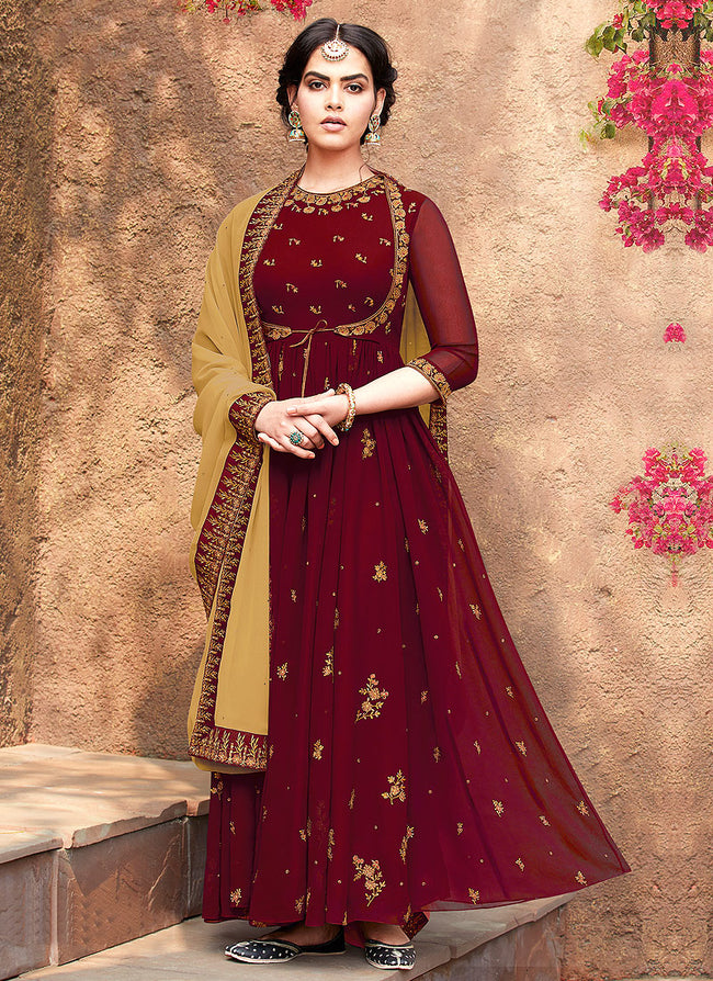 Indian Clothes - Maroon Embroidered Koti Style Anarkali Suit