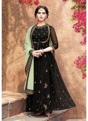 Indian Clothes - Black Embroidered Koti Style Anarkali Suit