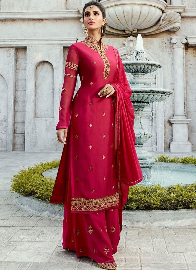 Hot Pink Embroidered Georgette Palazzo Suit
