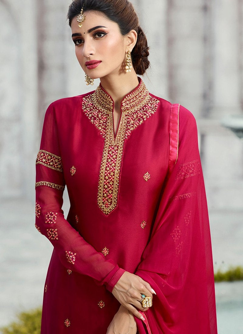 Hot Pink Embroidered Georgette Palazzo Suit