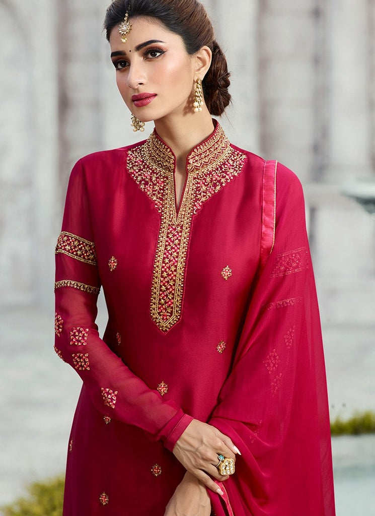 Hot Pink Embroidered Georgette Palazzo Suit
