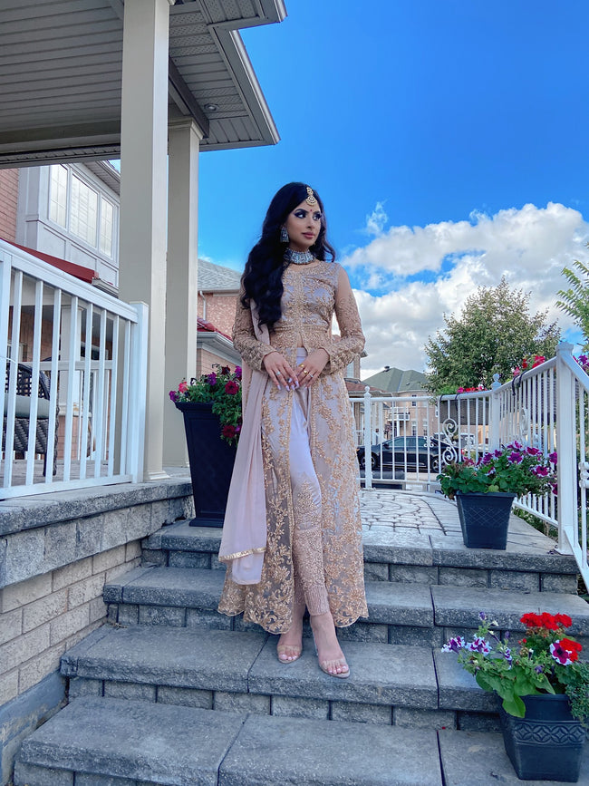Embroidered Rose Gold Copper Lehenga Suit