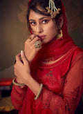 Indian Clothes - Bridal Red Designer Embroidered Anarkali Gharara Suit