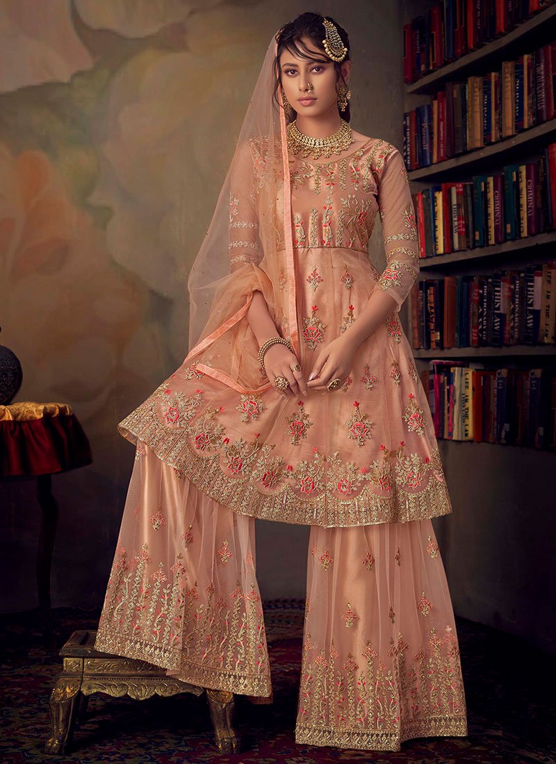 Peach Golden Embroidered Anarkali Gharara Suit