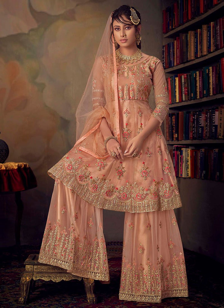 Peach Golden Embroidered Anarkali Gharara Suit