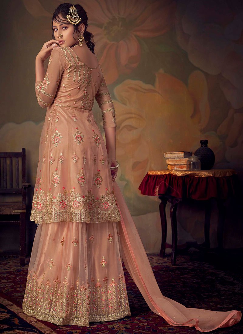 Indian Suits - Peach Golden Anarkali Gharara Suit In usa