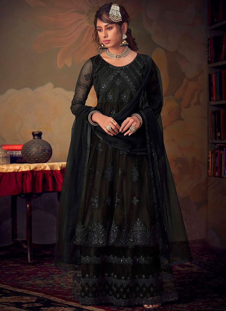 Black Designer Anarkali Gharara Suit
