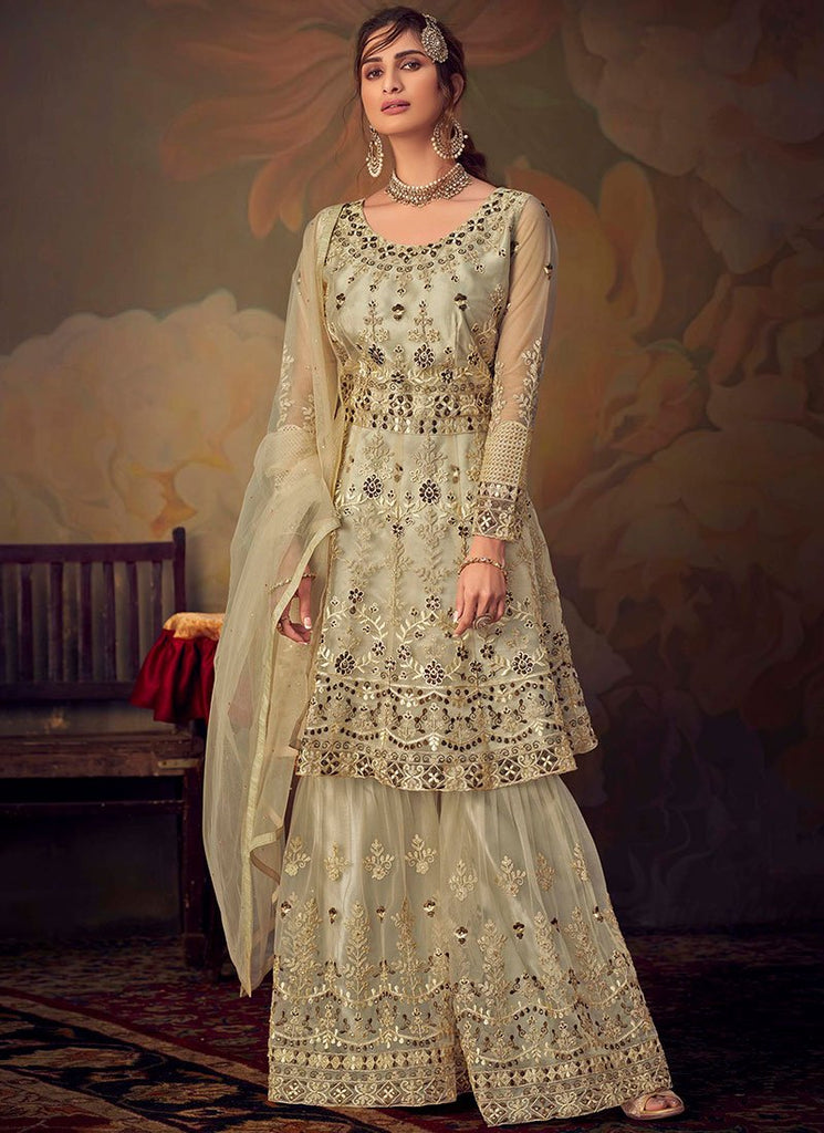 Beige Golden Embroidered Anarkali Gharara Suit