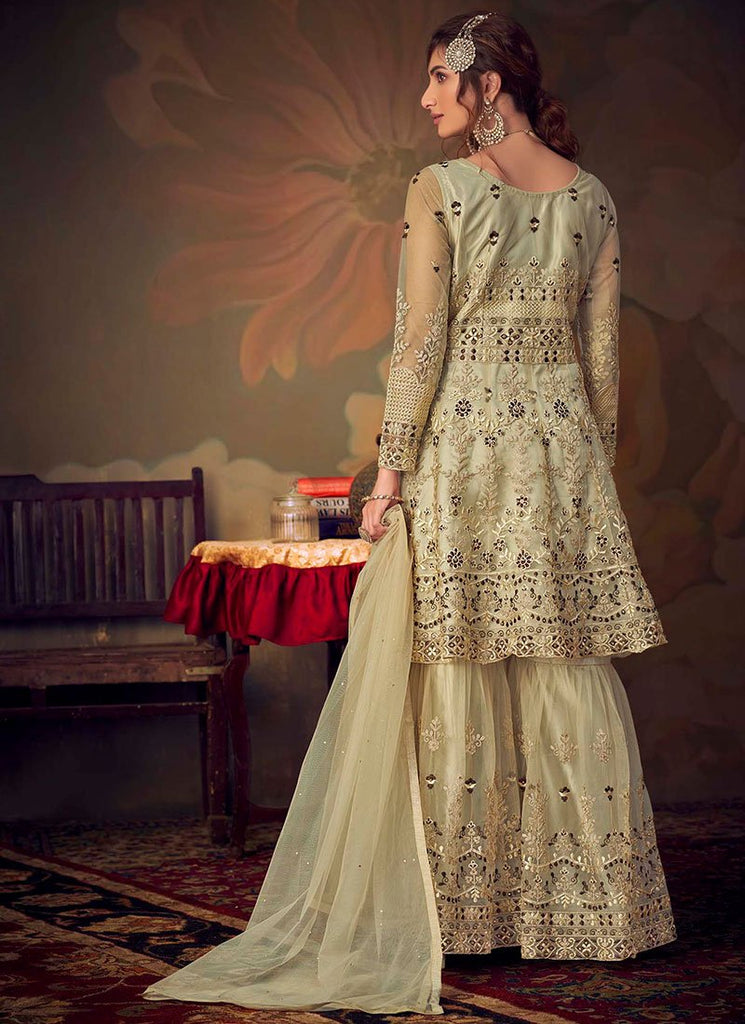 Indian Clothes - Beige Golden Anarkali Gharara Suit