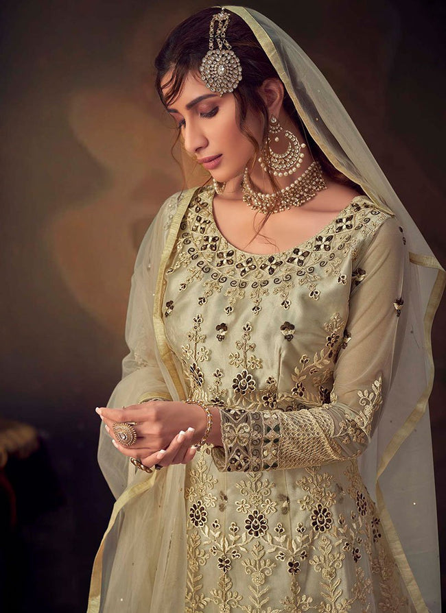 Buy Beige Golden Embroidered Anarkali Gharara Suit In USA, UK, Canada ...