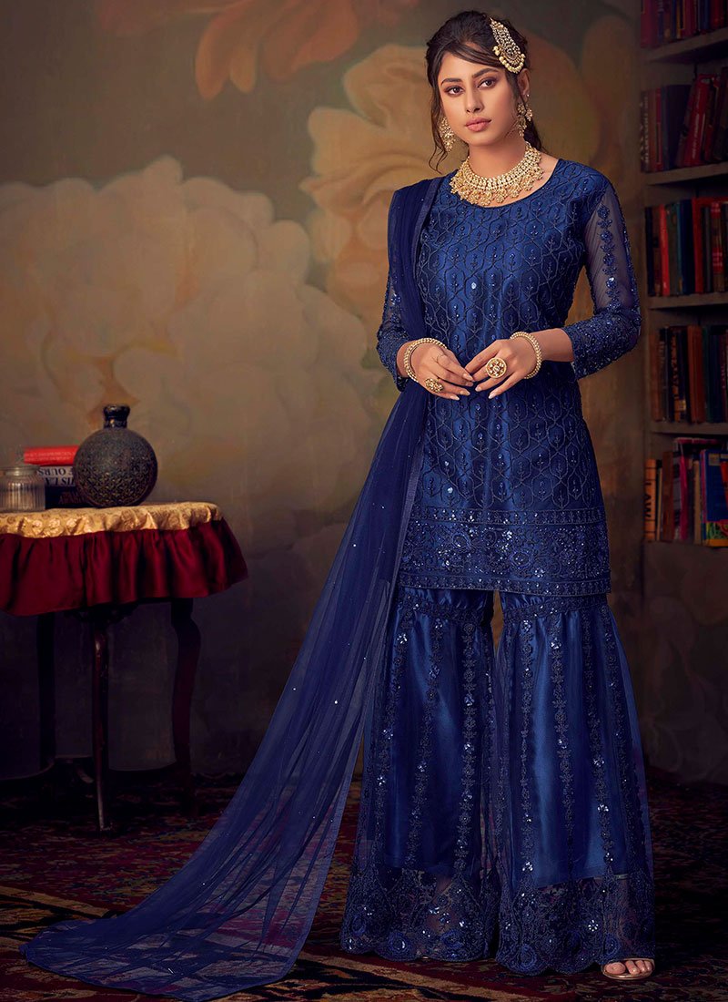 Blue Designer Anarkali Gharara Suit