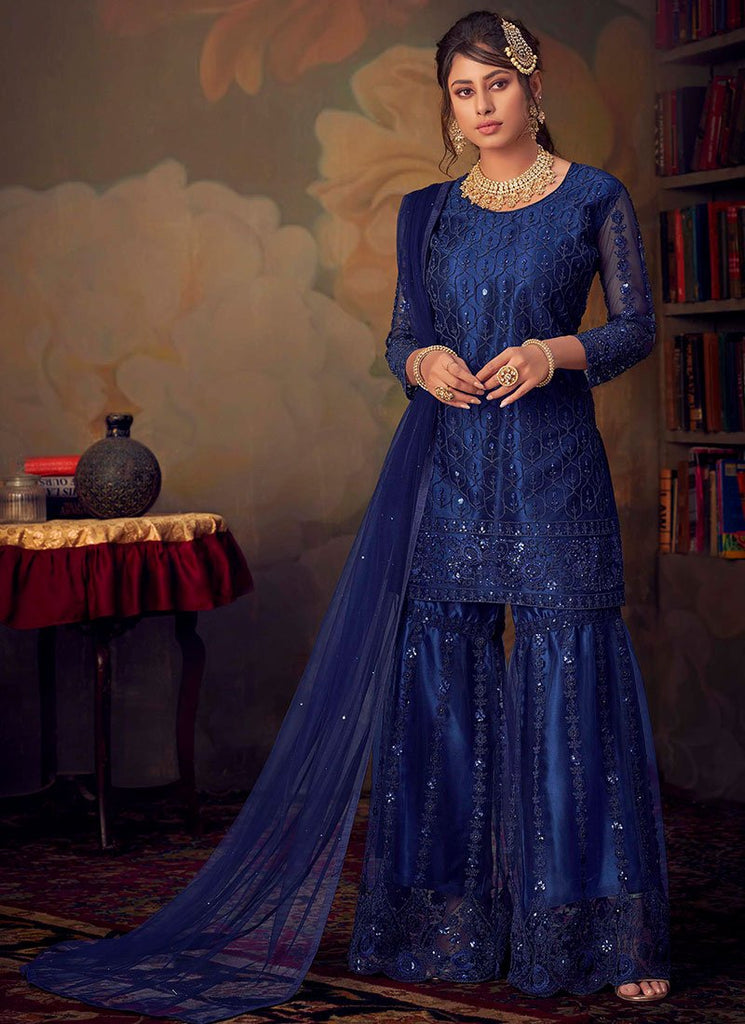 Blue Designer Anarkali Gharara Suit