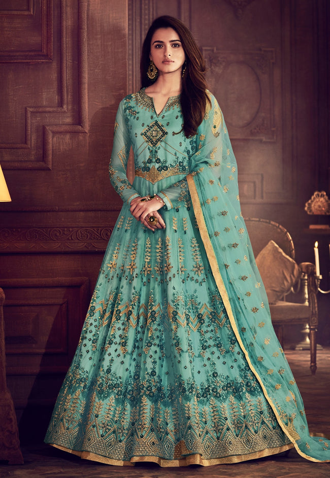 Light Blue Traditional Embroidered Anarkali Suit Hatkay