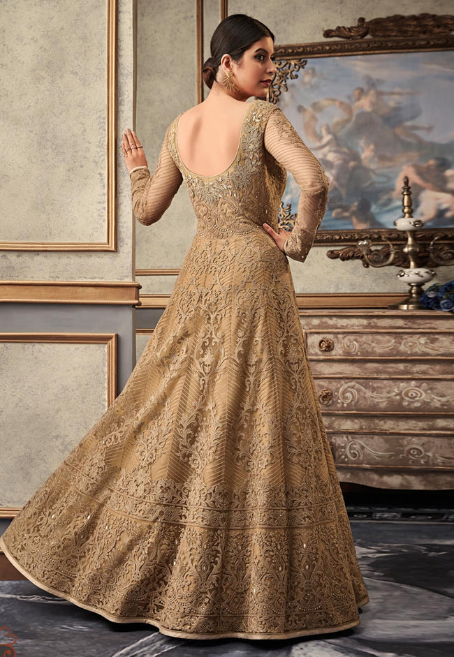 Light Brown Embroidered Flared Anarkali Gown Set Hatkay