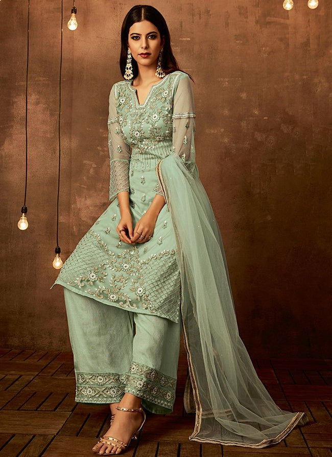 Light Green Traditional Embroidered Palazzo Pant Suit Hatkay