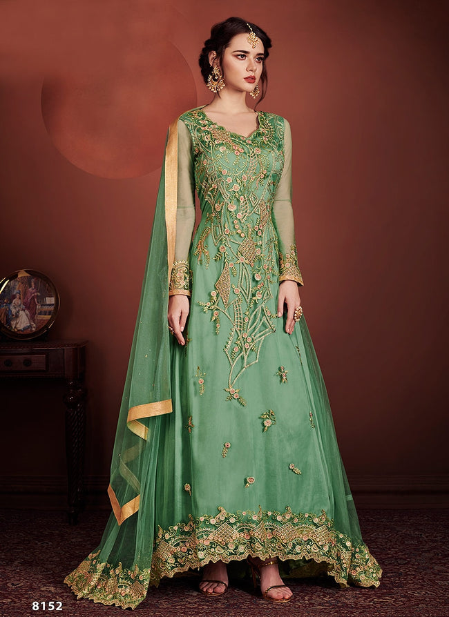 Light Green Fully Embroidered Anarkali Suit