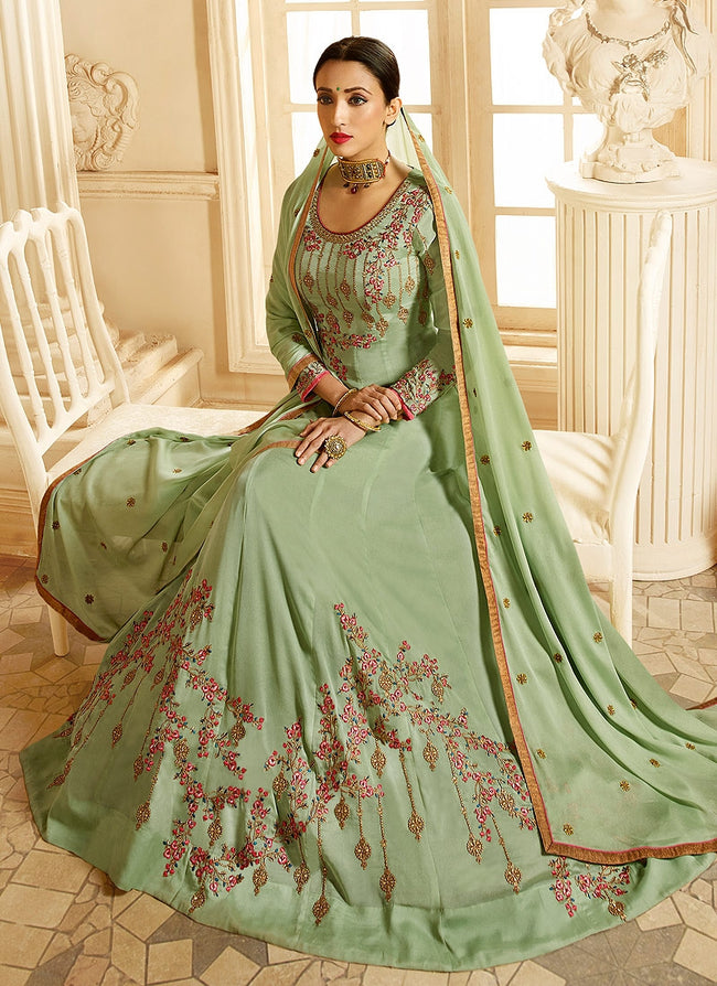 Light Green Ethnic Multi Embroidered Flared Anarkali Suit