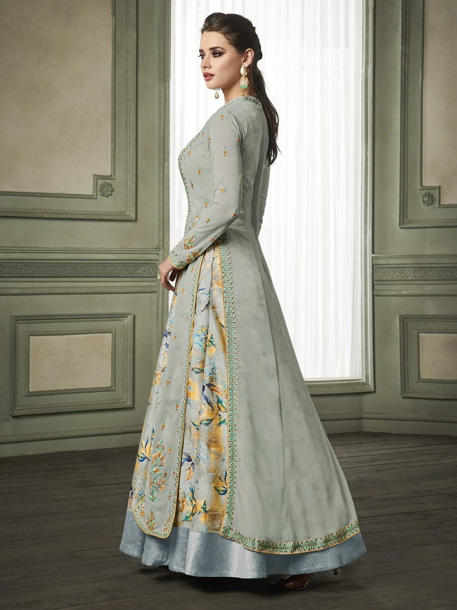 Light Green Layered Embroidered Anarkali Suit