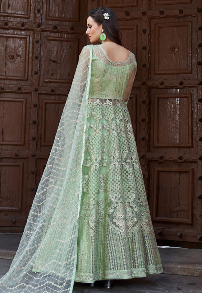 Light Green Embroidered Net Anarkali Lehenga Kurti Set Hatkay