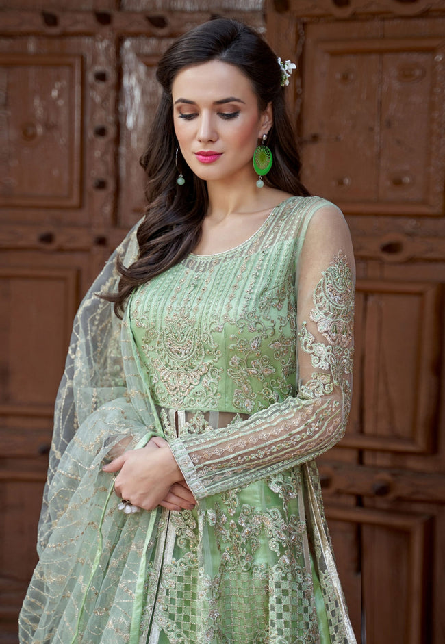 Light Green Embroidered Net Anarkali Lehenga Kurti Set Hatkay