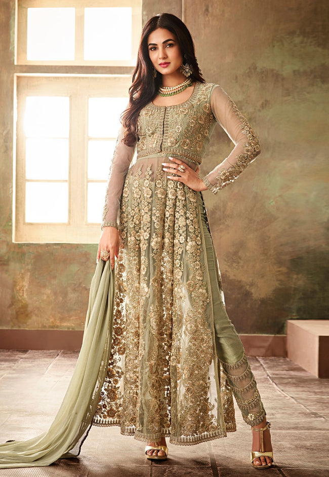 Light Green Net Embroidered Kurta And Pant Suit