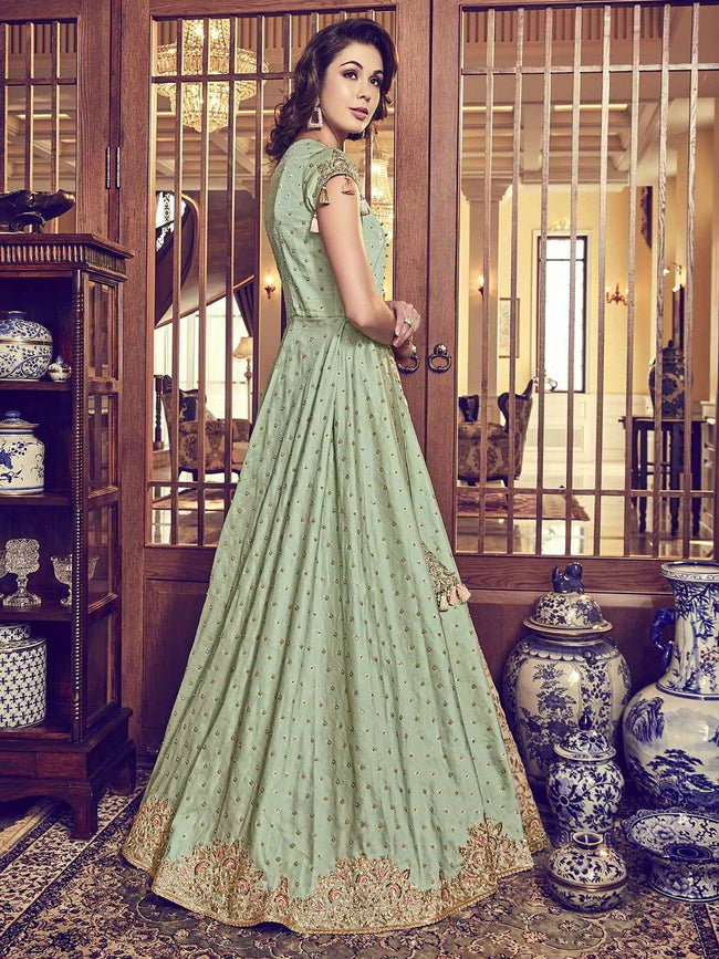 Light Green Overcoat Style Embroidered Anarkali Suit