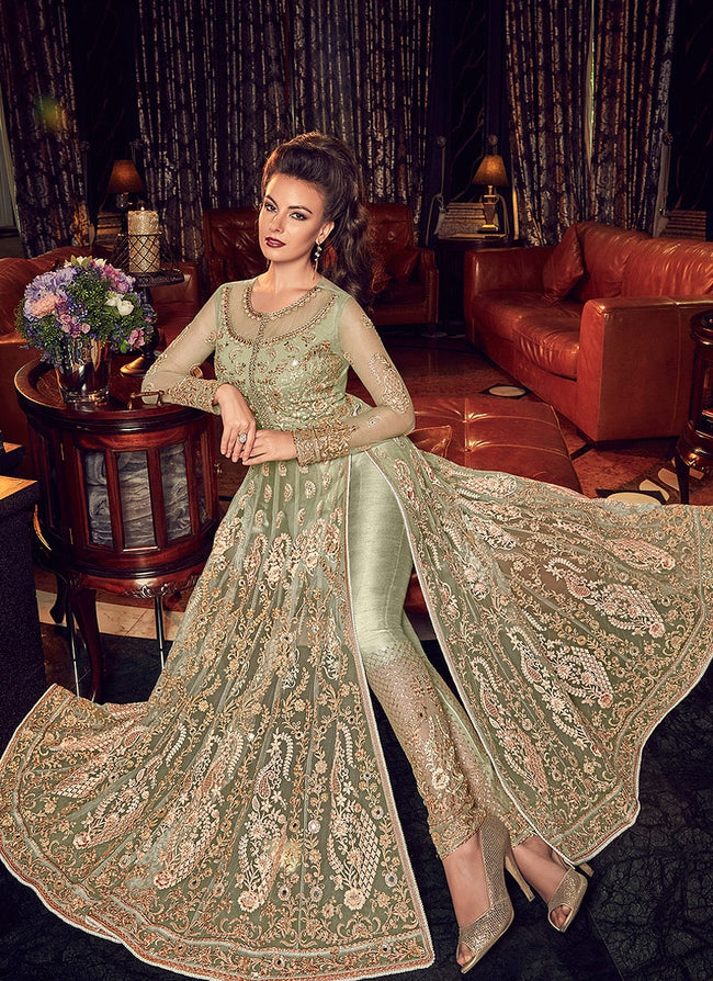 Light Green With Gold Embroidered Lehenga/Pant Suit