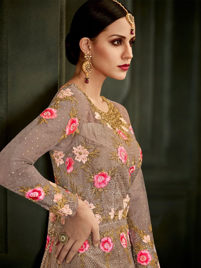 Light Mauve Floral Embroidered Flared Anarkali Suit