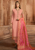 Pink Dual Tone Embroidered Satin Churidar Suit