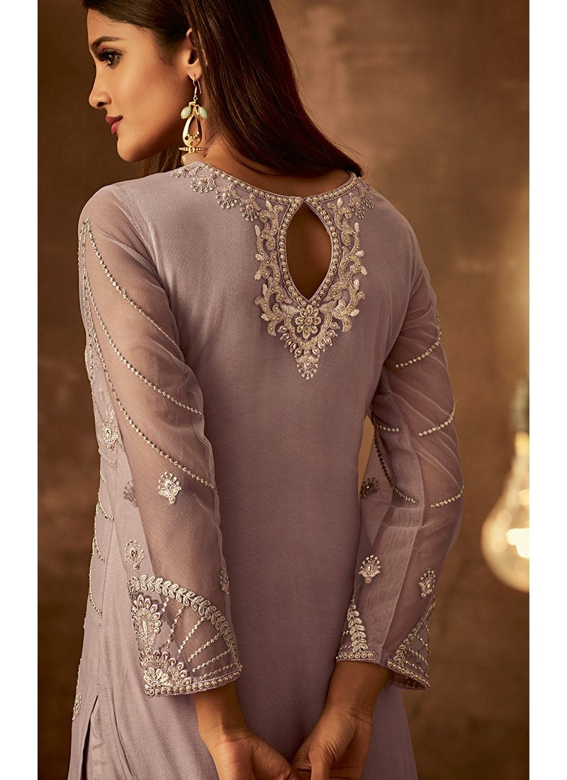 Light Purple Traditional Embroidered Palazzo Pant Suit Hatkay