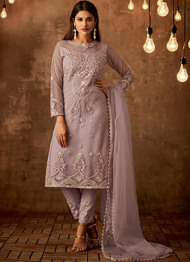 Light Purple Traditional Embroidered Palazzo Pant Suit Hatkay