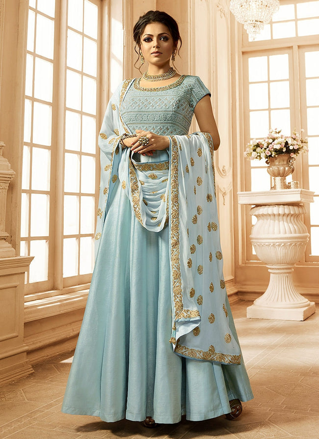 Light Blue Cutout Detail Bunch Embroidered Anarkali Suit - Hatkay