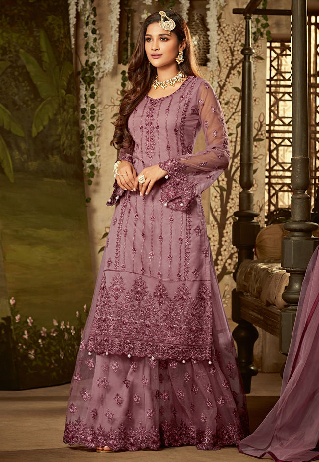 Lilac Purple Embroidered Palazzo Suit