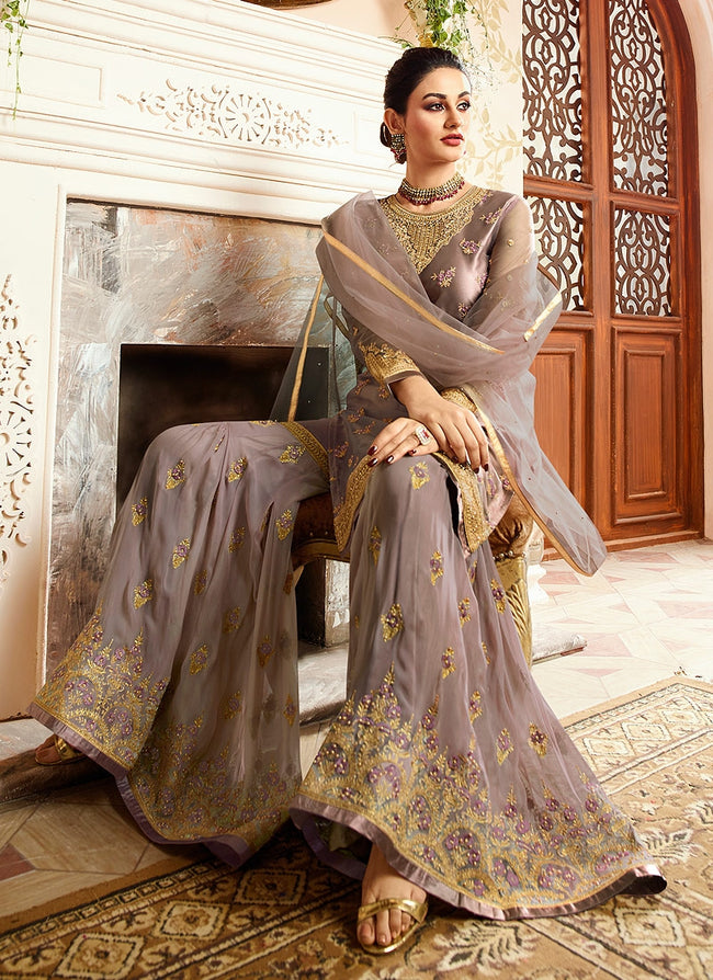 Lilac Purple With Golden Touch Embroidered Gharara Suit