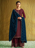 Maroon And Blue Embroidered Palazzo Suit