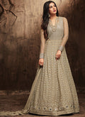 Silvery Grey Hues With Rustic Embroidered Detail Flared Kaliyaari Anarkali Suit Set