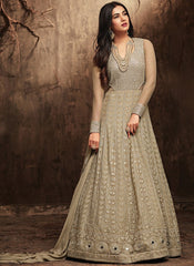 Silvery Grey Hues With Rustic Embroidered Detail Flared Kaliyaari Anarkali Suit Set