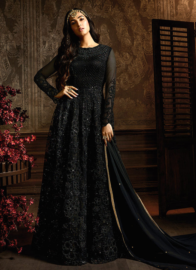 Black Floral Digital Printed & Embroidered Festive Anarkali Gown : r/Dresses