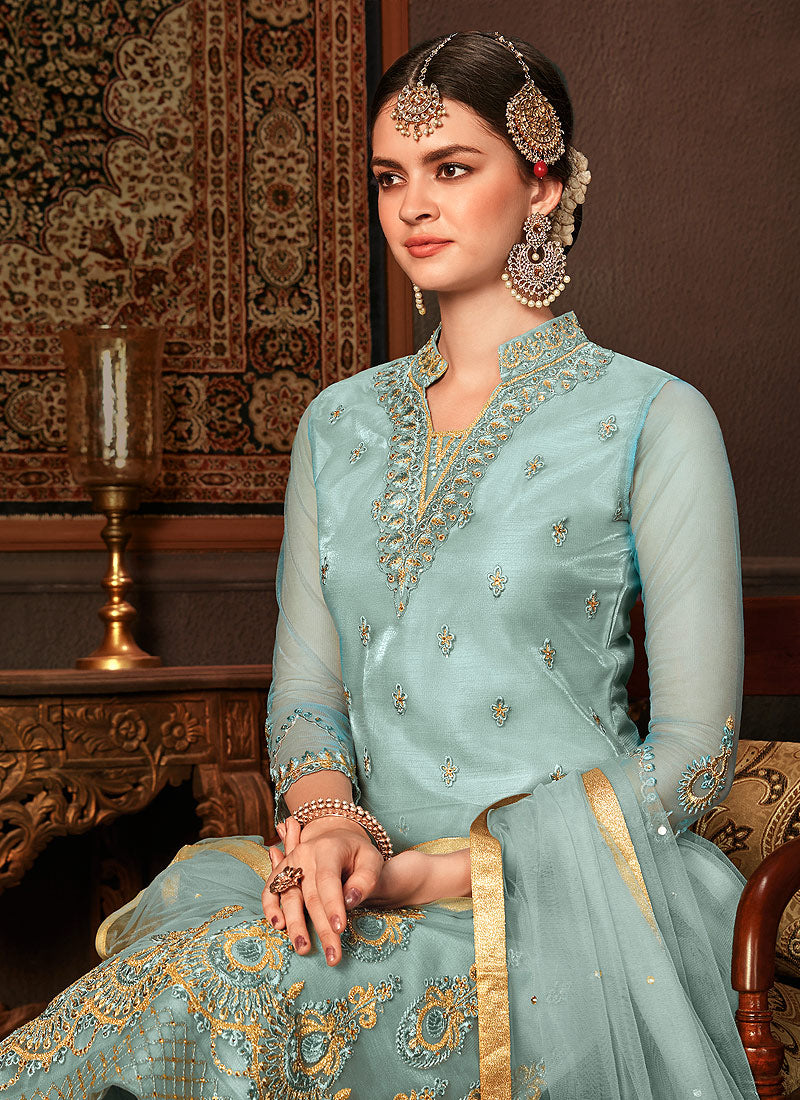 Light Blue Embroidered Pakistani Pants Suit, Salwar Kameez