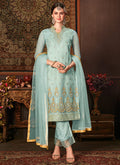 Indian Clothes - Light Blue Embroidered Pakistani Pants Suit