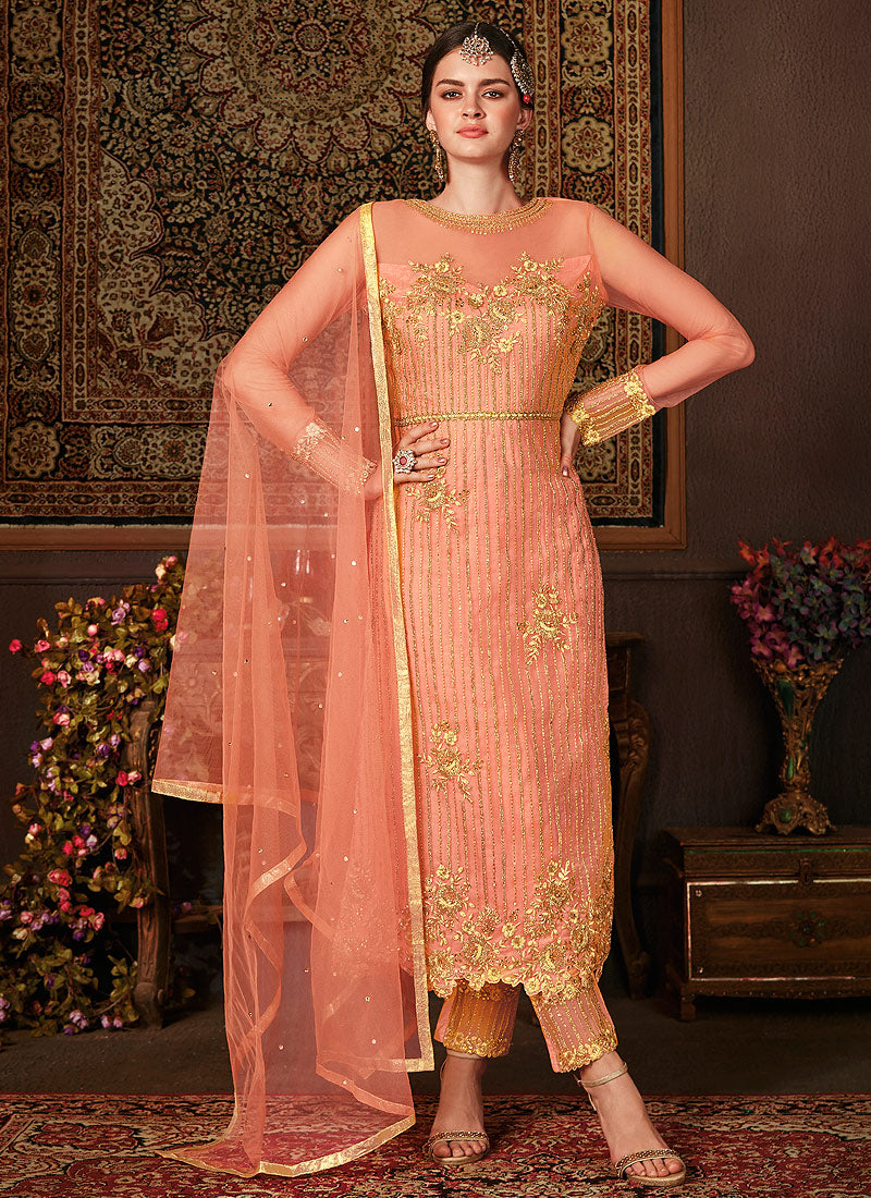 Indian Clothes - Pastel Orange Embroidered Pakistani Pants Suit