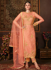 Indian Clothes - Pastel Orange Embroidered Pakistani Pants Suit