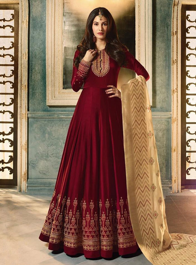 Shop Maroon Faux Georgette Embroidered Anarkali Suit Party Wear Online at  Best Price | Cbazaar
