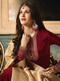Maroon And Cream Motif Embroidered Ghera Anarkali Suit